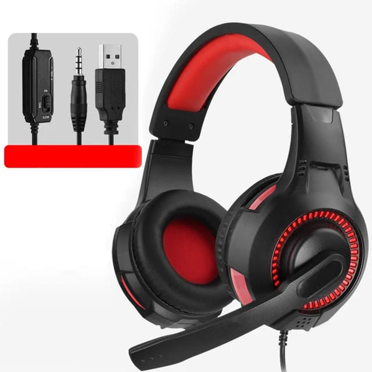 This G50 E-Sports gaming headset features red LED lights, deep bass stereo sound, and a noise-canceling microphone.